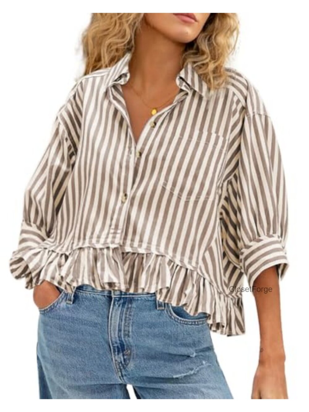 Ruffled Short Sleeve Button Down Blouse Striped Babydoll Top Cotton